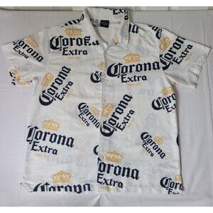 Corona Extra All Over Print Button Up Shirt Large White Yellow Blue Beer Logo